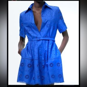 ZARA NEW WOMAN ZW SHORT DRESS WITH CUTWORK EMBROIDERY BELTED BLUE
